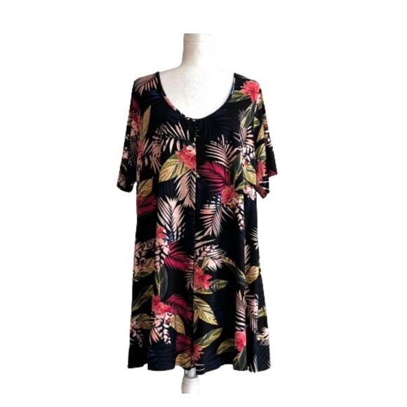 Avenue Top Black Liv Tropical Print Pleat Short Sleeve Tunic Plus Size 20 NEW - Picture 2 of 15